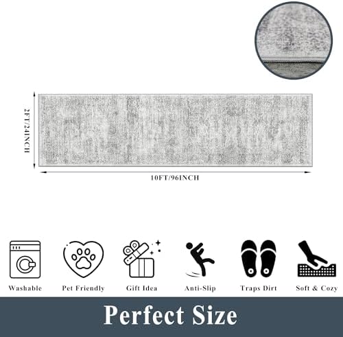 2x10 Runner Rug Non-Slip Washable Kitchen, Vintage Boho Carpet with Rubber Backing for Hallway Entryway Hall Holiday Farmhouse Neutral Cream Long Runners (Grey/Ivory,2'x10') - Image 2