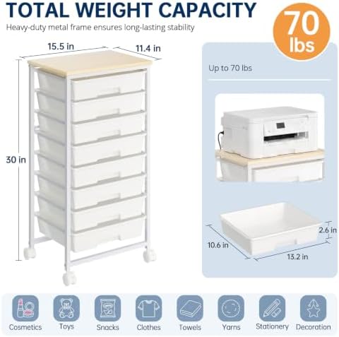 Delamu Rolling Storage Cart with 8 Drawers, Utility Craft Storage Cart - Image 2