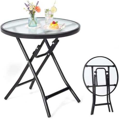 GIANTEX Outdoor Folding Side Table w/Tempered Glass Tabletop & Metal Frame by Giantex