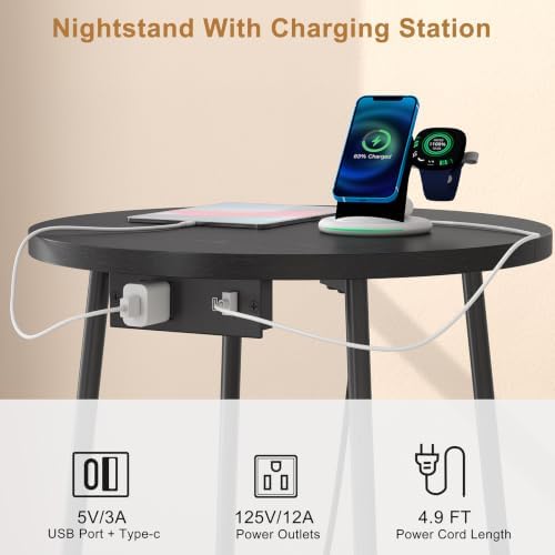 sthmec Small Round Side End Table with Storage and Charging Station, 2 Tier Round Bedside Sofa Couch Coffee Tables with Tray, Metal Nightstand for Small Spaces, Living Room Bedroom, Black - Image 5