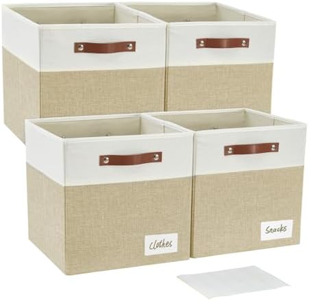 Bagnizer Collapsible Fabric Storage Cube Bins with 2 Reinforced PU Handles, Foldable Storage Organizer Baskets for Closet, Shelves, Living Room | 11"x11"x11", 4 Pack, Beige & White by Bagnizer