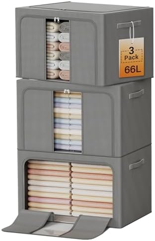 Clothes Storage Bins with Metal Frame, Foldable Clothes Organizers Storage Containers for Clothes, Sheets, Blankets, Pillows and Towels （66L, 3 Pack, Deep Grey by LeArex