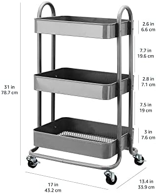 Amazon Basics 3-Tier Rolling Utility or Kitchen Cart, Lockable Wheels, Multifunctional Storage, Mobile Shelving Unit, Metal Storage Organizer, Charcoal - Image 5