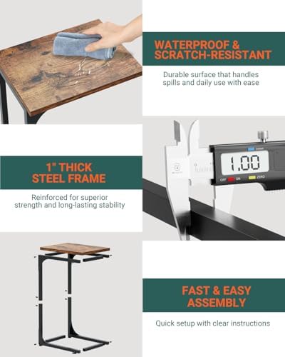 C-Shaped Side Table for Couch - Small Coffee Stand Sofa Tray Desk with Metal Frame and Waterproof Scratch Resistant, Modern End Accent for Living Room, Bedroom, Set of 2, Rustic Brown - Image 3