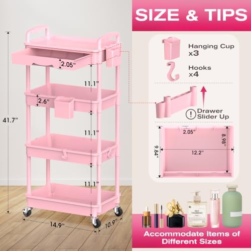 Goovilla Rolling Makeup Organizer Cart with Removable Drawer, 4 Tier Pink - Image 2