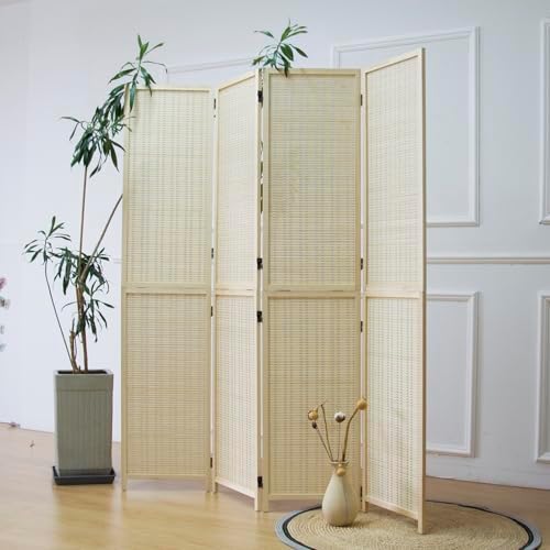 Furnnylane 4 Panel Bamboo Room Divider, 2-in-1 Beige Folding Privacy Screen by Furnnylane