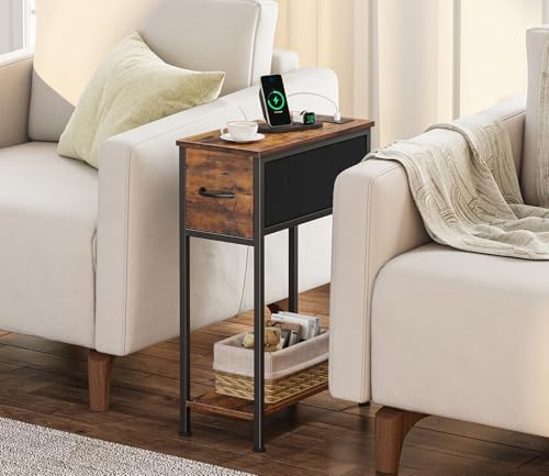 Vagusicc End Table with Charging Station, Narrow Side Table Nightstand with Fabric Drawer, Slim Nightstand for Bedroom, Small Bedside Table, Slim Sofa Side Table for Small Spaces, Rustic Brown - Image 2