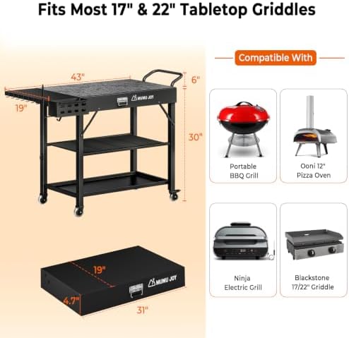 Grill Cart, 19 inch,3 Tier Foldable Grill Table with Wheels 500 Lb - Image 4
