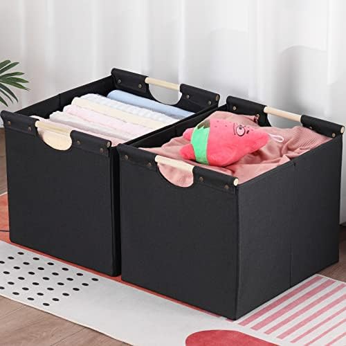HOONEX Large Collapsible Storage Bins, Linen Fabric, Pack of 2, Storage Baskets with Wooden Carry Handles and Sturdy Heavy Cardboard, for Home, Office, Car, Nursery, Black - Image 4