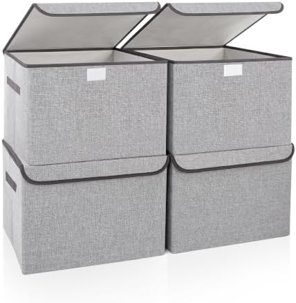 Bagnizer Linen Fabric Foldable Storage Cube Bin Organizer Basket with Flip-Top Lid & Handles, Large Clothes Blanket Box for Home, Office, Closet, Light Gray, 4 Pack 14.6 x 9.5 x 9.5” by Bagnizer