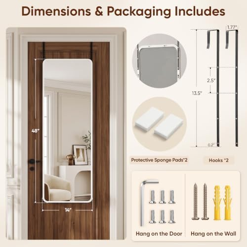 Suidia Full Length Mirror Over the Door&Wall Mounted, 48"x14" Door Mirror with Aluminum Alloy Frame, HD Shatterproof, No-Drill, Hanging Mirrors for Bedroom, Bathroom, Dorm, Closet, Rounded Rect, White - Image 5