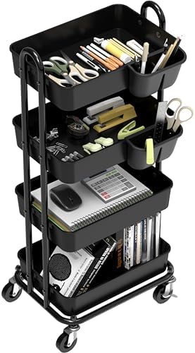 Simple Houseware 4-Tier Rolling Utility Cart with Hanging Bucket, Black - Image 2