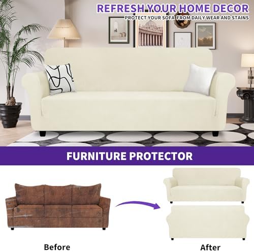 ZNSAYOTX Super Stretch Couch Cover (72"-92"), New Striped Sofa Covers Fitted Slipcovers with Elastic Bottom, Dog Cat Pets Proof Spandex Fabric Comfortable & Durable (Beige, Sofa) - Image 2