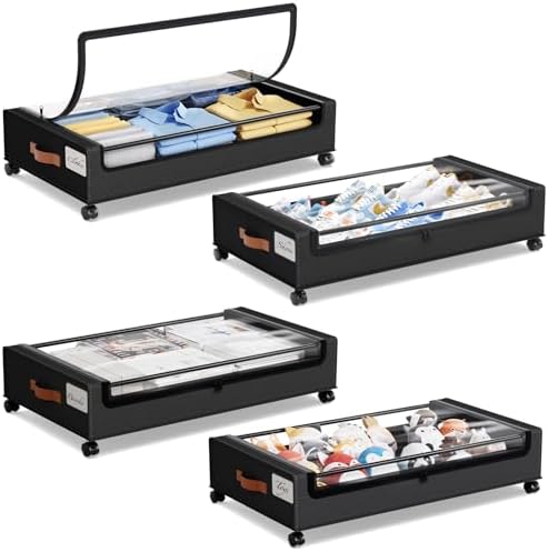 Yecaye 4 Pack Under Bed Storage with Wheels, Under Bed Storage Containers with Lids, Large Under Bed Rolling Storage with Clear Window & Label, Rolling Drawers for Clothes, Blankets, Books by Yecaye