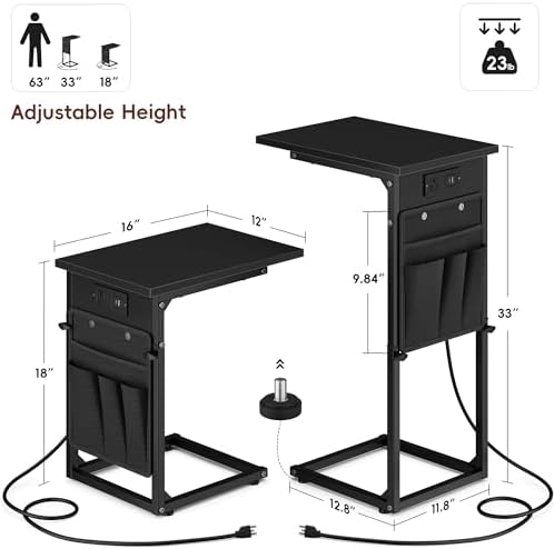 Vagusicc C-Shaped End Tables Set of 2 with Charging Station, 33'' Tall C Table Adjustable Height Side Table, Sofa Table for Couch, Couch Table that Slide Under Sofa, TV Trays for Living Room, Black - Image 3