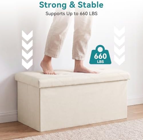 OLIXIS 30 Inch Folding Storage Ottoman Bench, Beige Ottoman with Storage - Image 4