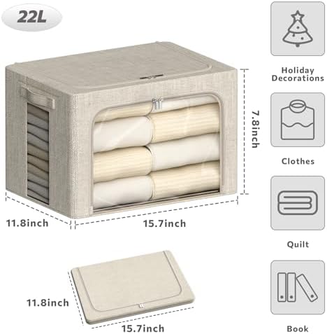 4 Pack Clothes Storage Bins with Metal Frame - 22L Stackable Storage Box with Lid，Foldable Storage Container Organizer for Clothes，Linen Fabric Storage Box with Clear Window＆Zippers＆Handles - Image 4