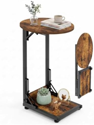 C Shaped Side Table, Folding End Table with Metal Frame, Foldable Table for Eating, Couch Sofa Table,Slide Under TV Tray Table for Living Room, Bedroom, Small Spaces (Brown) by Fleecy+day