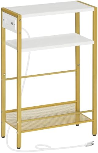 HOOBRO Small Narrow Side Table with Charging Station, Skinny End Table for Small Spaces, Slim Nightstand with USB Ports Outlet, Sofa Beside Table with Storage Shelf, White and Gold DW102UBZ01 by HOOBRO