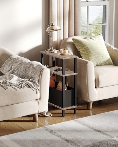 CHOEZON Small Narrow Side Table with Charging Station, Skinny End Table with Fabric Basket, Slim Nightstand for Small Spaces, Sofa Side Table, for Living Room, Bedroom, Greige and Black TBZ07UFH - Image 2