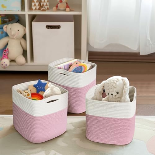 11x11 Cube Storage Bin - 3 Pack Woven Storage Cubes Organizer, 11 Inch Cotton Rope Baskets for Organizing, Decorative Square Shelf Baskets Closet Bins, Toy Boxes for Girls, Pink Room Decor - Image 7