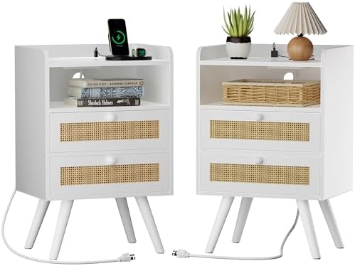 SUPERJARE Night Stand with Charger Station, Boho Rattan Nightstand Set of 2 by SUPERJARE