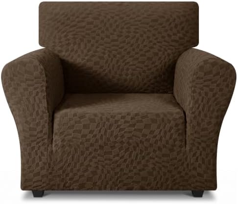 ZNSAYOTX 1 Piece Stretch Chair Cover with Arms (34"-44"), New Plaid Armchair Cover with Elastic Band for Living Room, Ultimate Soft Cozy Washable Chair Slipcover Form Fit Protector, Coffee by ZNSAYOTX
