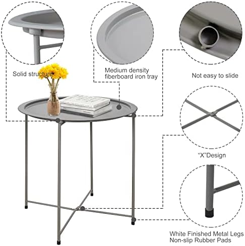 Garden 4 you End Table Metal Side Table Grey Round Folding Tray Cyan Sofa Small Accent Fold-able Table, Round End Table Tray, Next to Sofa Table, Snack Table for Living Room and Bed Room - Image 5