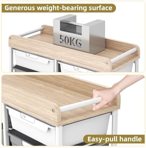 10 Drawer Rolling Storage Cart with Wood Top for Classroom Crafts Grey - Image 6