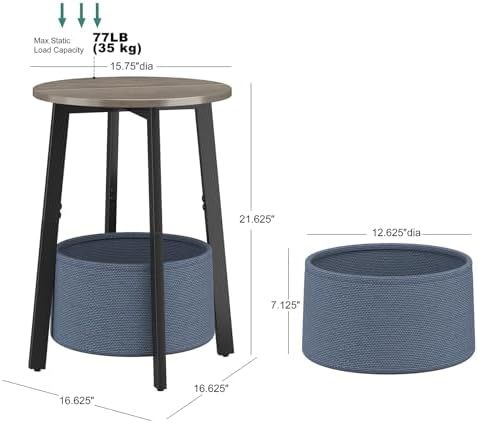 sthmec Small Round Side End Table with Cloth Storage Basket, Round Bedside Sofa Couch Coffee Tables for Small Places with Metal Frame, Modern Nighstands for Living Room Bedroom, Grey - Image 3