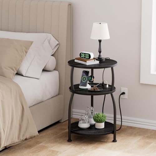 Round Side Table with Power Outlet, USB Type C Port, 3-Tier End Table - Image 5