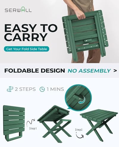 SERWALL Small Folding Side Table, HDPE Outdoor End Table, Green - Image 5