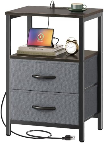 Huuger Nightstand with Charging Station, Side Table with Fabric Drawers by Huuger