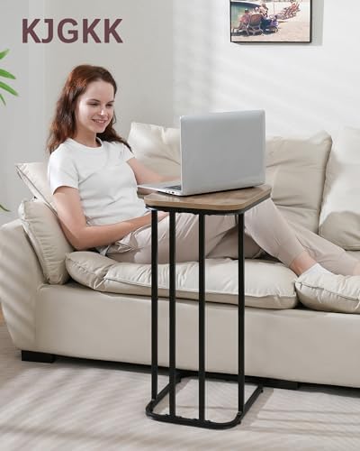 KJGKK C Shaped End Table, 27 Inches High Small Side Table for Sofa and Bed, Couch Table That Slides Under, Tall Tv Tray Table for Living Room, Bedroom, Metal Frame, Greige & Black - Image 2