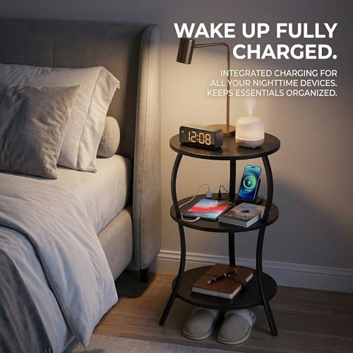 YEAKOO Small Side Table with Charging Station,3-Tier Round end Table - Image 4