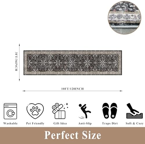 3x12 ft Long Hallway Runner Rug - Non-Slip Washable Soft Kitchen Rug with Rubber Backing,Boho Floral Low Pile Floor Carpet Runner for Entryway,Bedroom,Living Room（Black,3x12） - Image 2