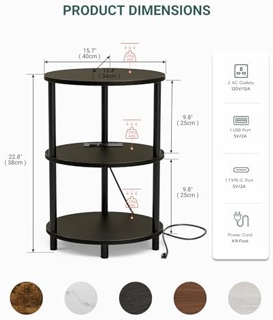 Small Round Side Table - 3-Tier Oval Accent Table for Small Spaces, Rustic Wood and Metal Nightstand for Living Room or Bedroom, Built-in USB Ports and Power Outlet, Charcoal Wenge - Image 2