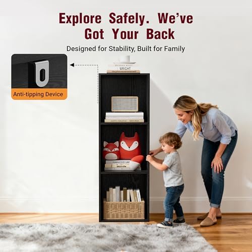Book Shelf, Wooden Cube Storage Organizer with 11" Open Cubes, Stackable Modular Bookcase for Room Divider Storage, 3 Tier Bookshelf for Living Room, Bedroom, Office (Black, 3-Cube) - Image 4