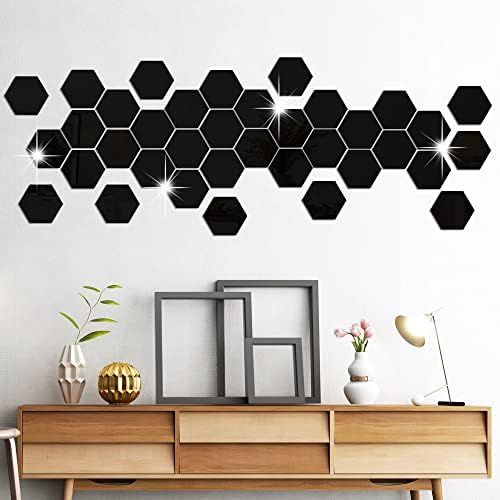 RW-103 36 PCS Acrylic Mirror Wall Stickers Hexagon Mirror Wall Decals DIY Removable 3D Geometric Hexagon Mirror Art Setting Wall Decor for Bedroom Living Room Office Kitchen Home Decoration (Black) by RAINBOWWSK