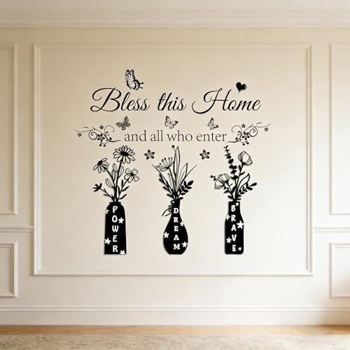 Bless This Home and All Who Enter Wall Decal - Inspirational Quote with Floral Vase & Butterfly Stickers, Power Dream Brave Vinyl Wall Art for Entryway, Living Room, Farmhouse Home Decor - Image 4