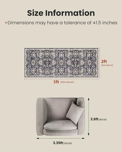 AMADA HOMEFURNISHING 2x5 Washable Runner Rug, Low-Profile Kitchen Rugs with Non-Slip Backing & Durable Edge Binding, Vintage Entryway Runner Rug for Bedroom & Hallway - Image 2