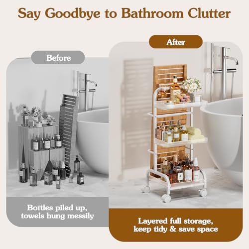 Bathroom Cart with Bathtub Tray Holder, Bathroom Organizers and Storage, Small Slim Shelf Organizer with Bath Tub Caddy Rack, 3 Tier Narrow Skinny Acrylic Rolling Cart for Laundry Room Living Room - Image 5