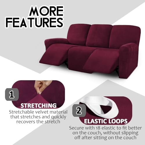 ULTICOR Velvet 8-Pieces Recliner Sofa Covers Stretch Reclining Couch Covers for 3 Cushion Reclining Sofa Slipcovers Furniture Covers Thick Soft Washable (3 Seater Recliner Cover, Wine) - Image 4