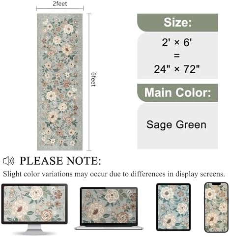 DUKINO 2x6 Runner Rug for Hallway Washable Kitchen Rugs Non Slip Sage Green - Image 2