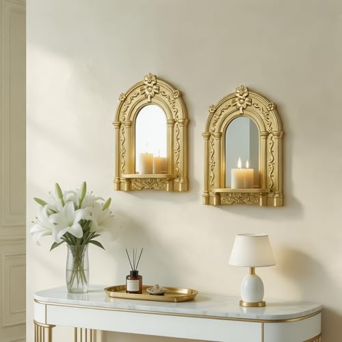 2 Set Vintage Candle Wall Sconce for Home Decor Living Room Bedroom Office Wood Antique Mirrored Victorian Mounted Candlestick Wall Holder Relief Hanging Decor -Gold 11.8in by sxnzequnze