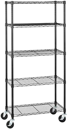 Amazon Basics 5-Shelf Heavy Duty Garage Shelving Storage Rack with 4" Wheel Casters, Adjustable Metal Wire Organizer, 300 lbs Per Shelf, 30" x 14" x 64.75", Black by AmazonBasics