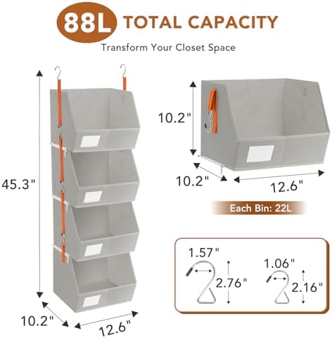 4 Pcs Modular Closet Organizer - Detachable & Foldable Hanging Storage Cubes, 88L Total Capacity, Heavy Duty Fabric Shelves for Wardrobe, Closet Organization, RV, Dorm, Grey - Image 3