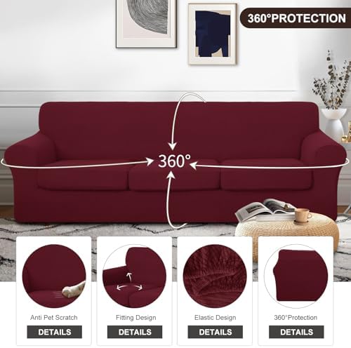 U-NICE HOME 4 Pieces Oversized Stretch Couch Cover Slipcover, Burgundy - Image 4