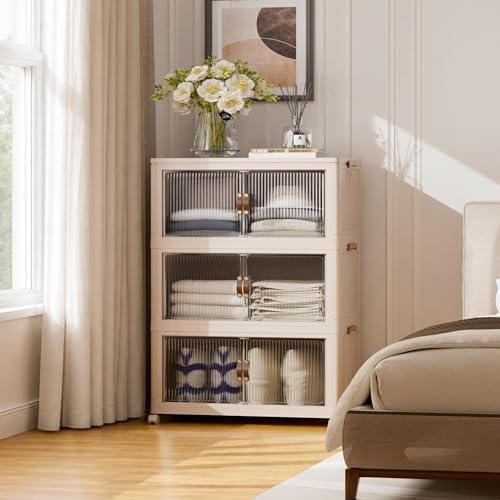 SAILUN 381Qt Extra Large Stackable Storage Bins Folding Collapsible Storage Bins with a Lid, Closet Organizers and Storage Blush White 28" W x 17" D x 46" H by SAILUN