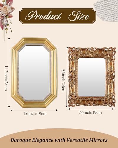Wonderjune 3 Pcs Vintage Gold Mirror Set Wall Decorative, 8-15in Vintage Wall Mirror Hanging Antique Hanging with Stand for Living Room Home Wedding Decor(Court Baroque Style, 15in/11in/10in) - Image 2